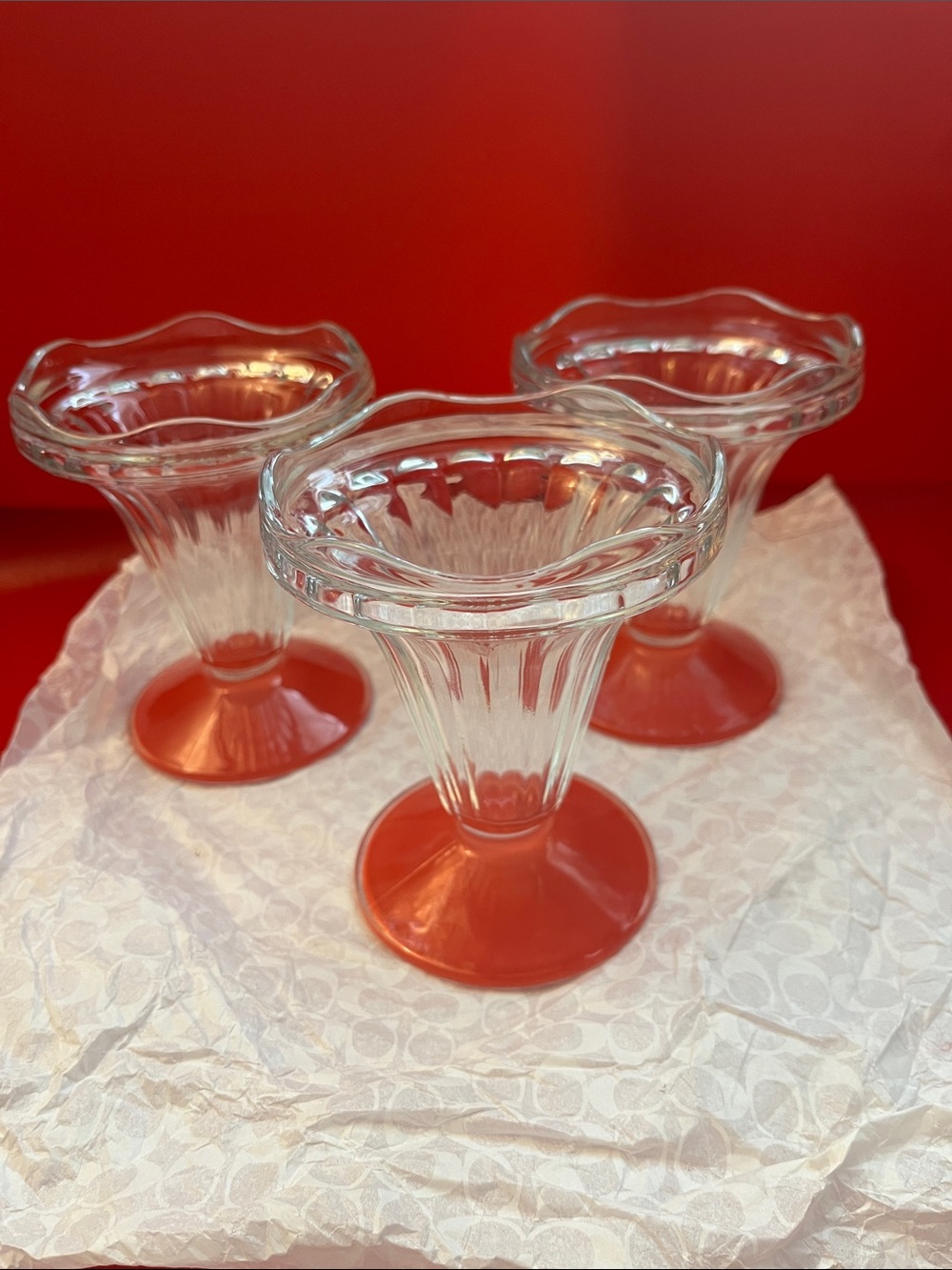 Vintage Coral Stemmed French Ice Cream Sundae Parfait Milkshake Glasses Set of 3